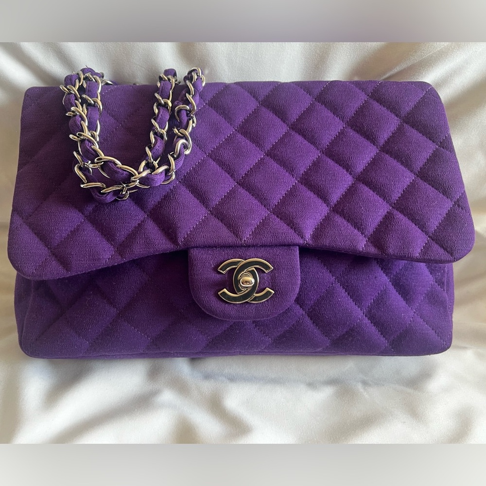 Purple Quilted Jersey Maxi Classic Single Flap Bag